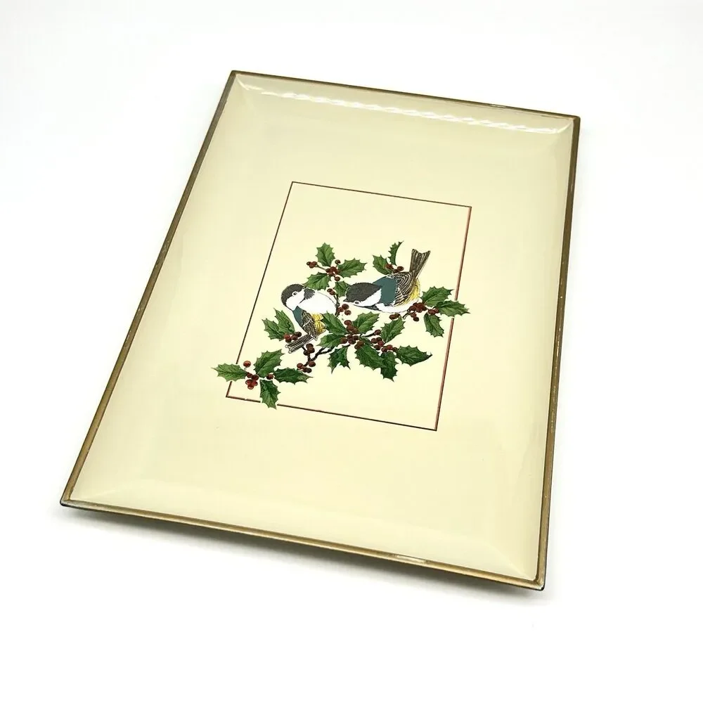 VTG Otagiri Japan Chickadees Lacquerware Serving Tray Holly Bird Christmas Plate